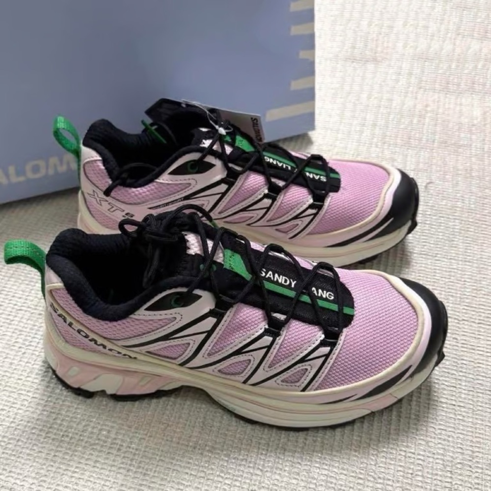 Salomon Pink and Black Trail Shoes with Green Accents